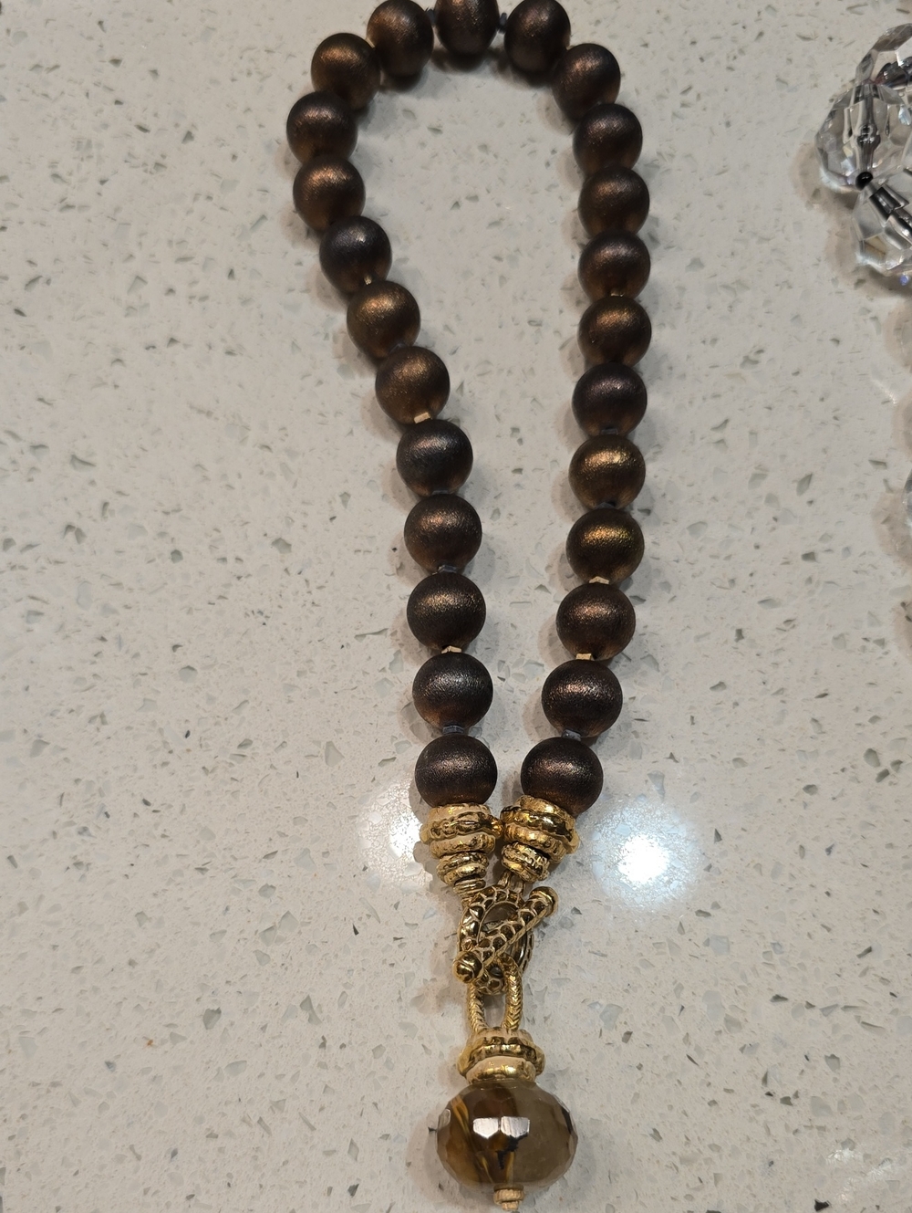 Elegant Brown Beaded Women's Necklace with Gold Pendant 10 /1/2 Inc Long